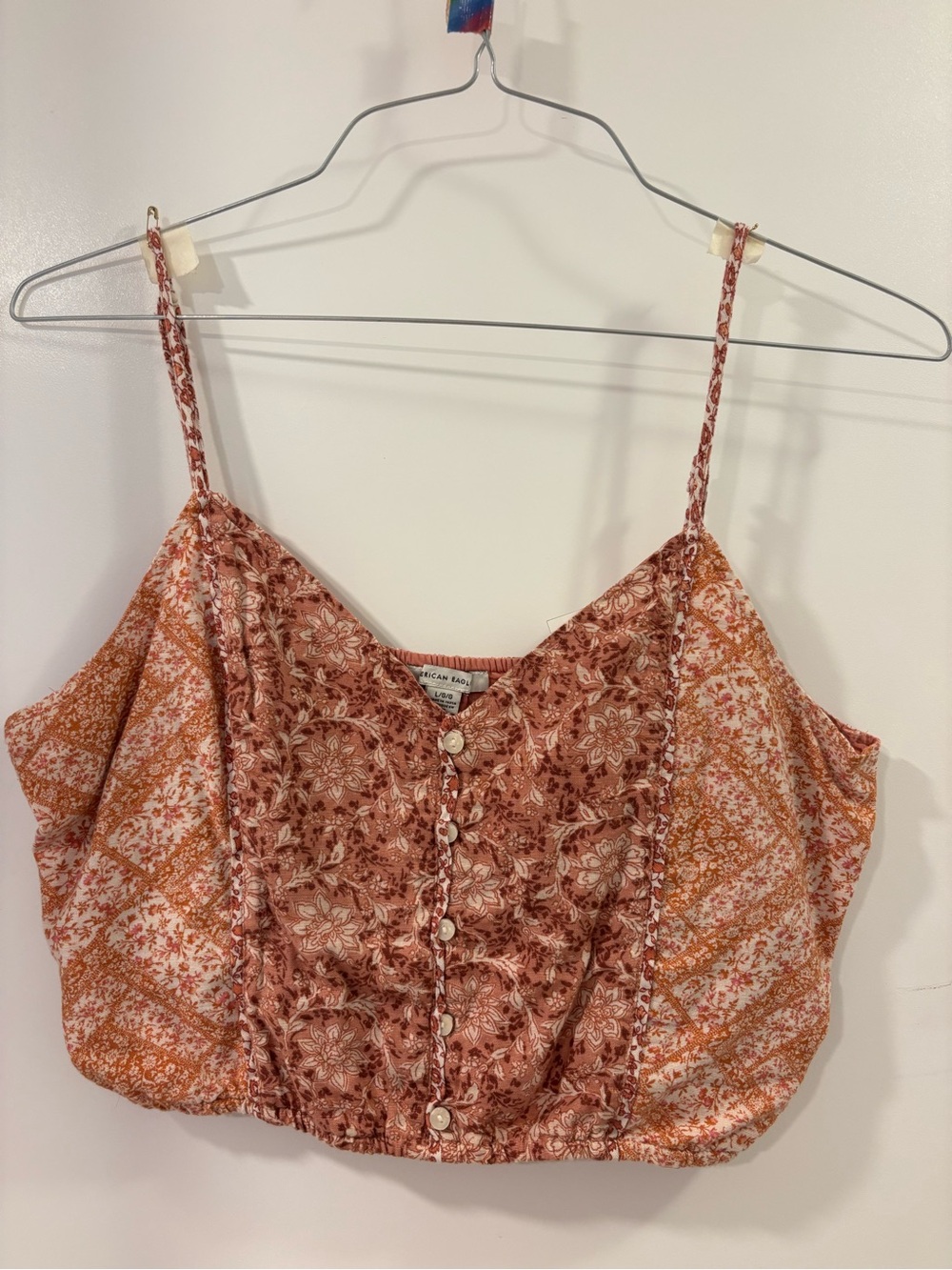 American Eagle Outfitters Rust and Cream Floral Button-Front Crop Cami
